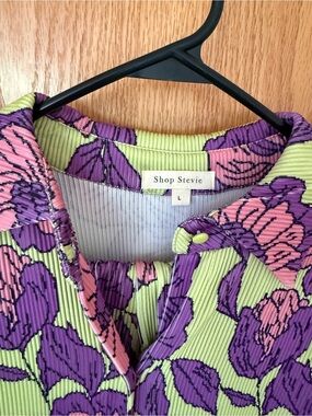 Shop Stevie Ribbed Floral Button-Up — Lime Green, Purple & Pink